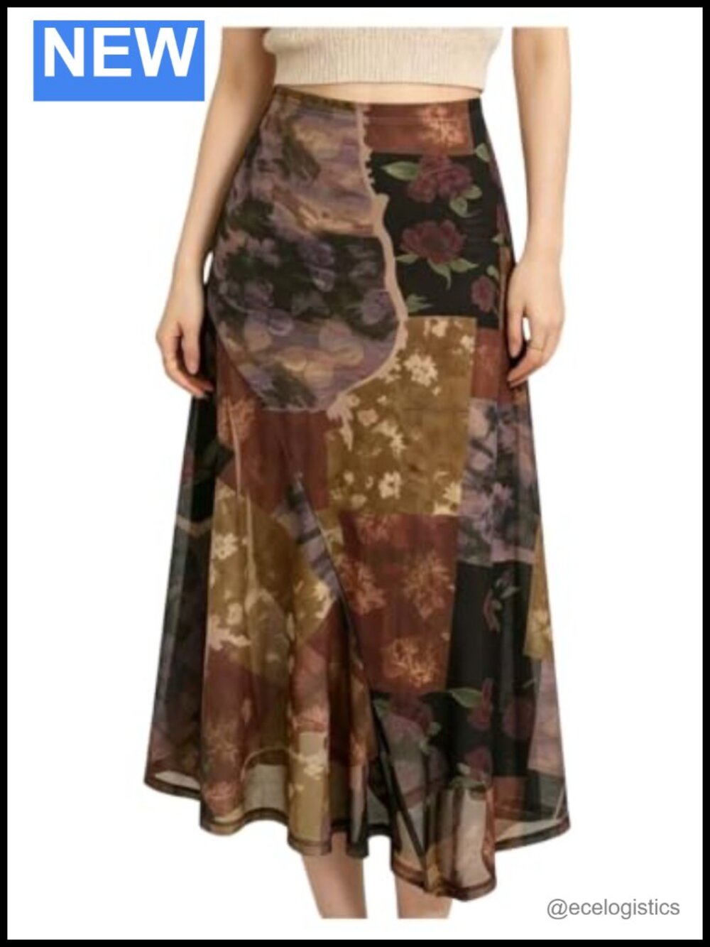 Women's Floral Midi Skirt Boho Patchwork Asymmetrical Mesh Flowy Elastic Waist